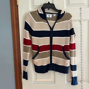 Dickie Walker, authentic marine-size S-blue/tan/Green/red/cream striped sweater
